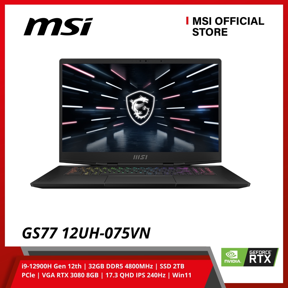 Laptop MSI GS77 12UH-075VN (i9-12900H Gen 12th/32GB DDR5 4800MHz /SSD 2TB PCle/VGA RTX 3080 8GB/17.3 QHD IPS 240H W11