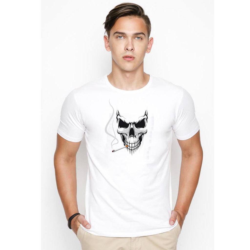 Áo thun in hình đầu lâu hút thuốc cao cấp ( Trắng )