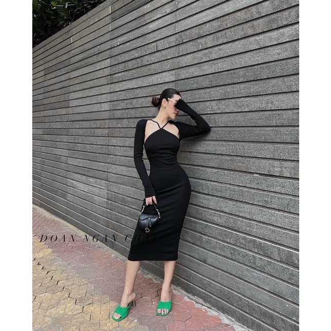 Set đầm cổ yếm áo khoác crotop đen