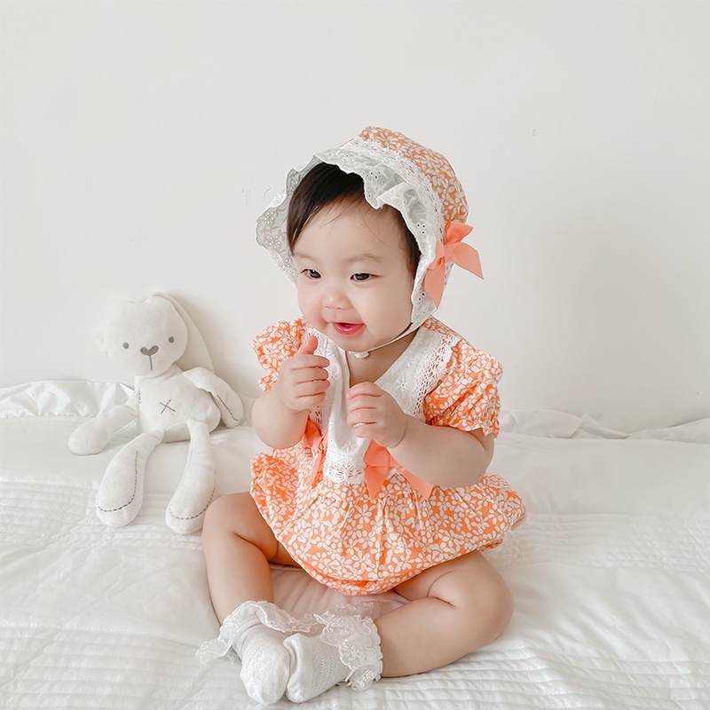 Bộ Áo Liền Quần Công Chúa Phối Ren Hoa Kèm Nón Thời Trang Mùa Hè Cho Bé Gái Sơ Sinh