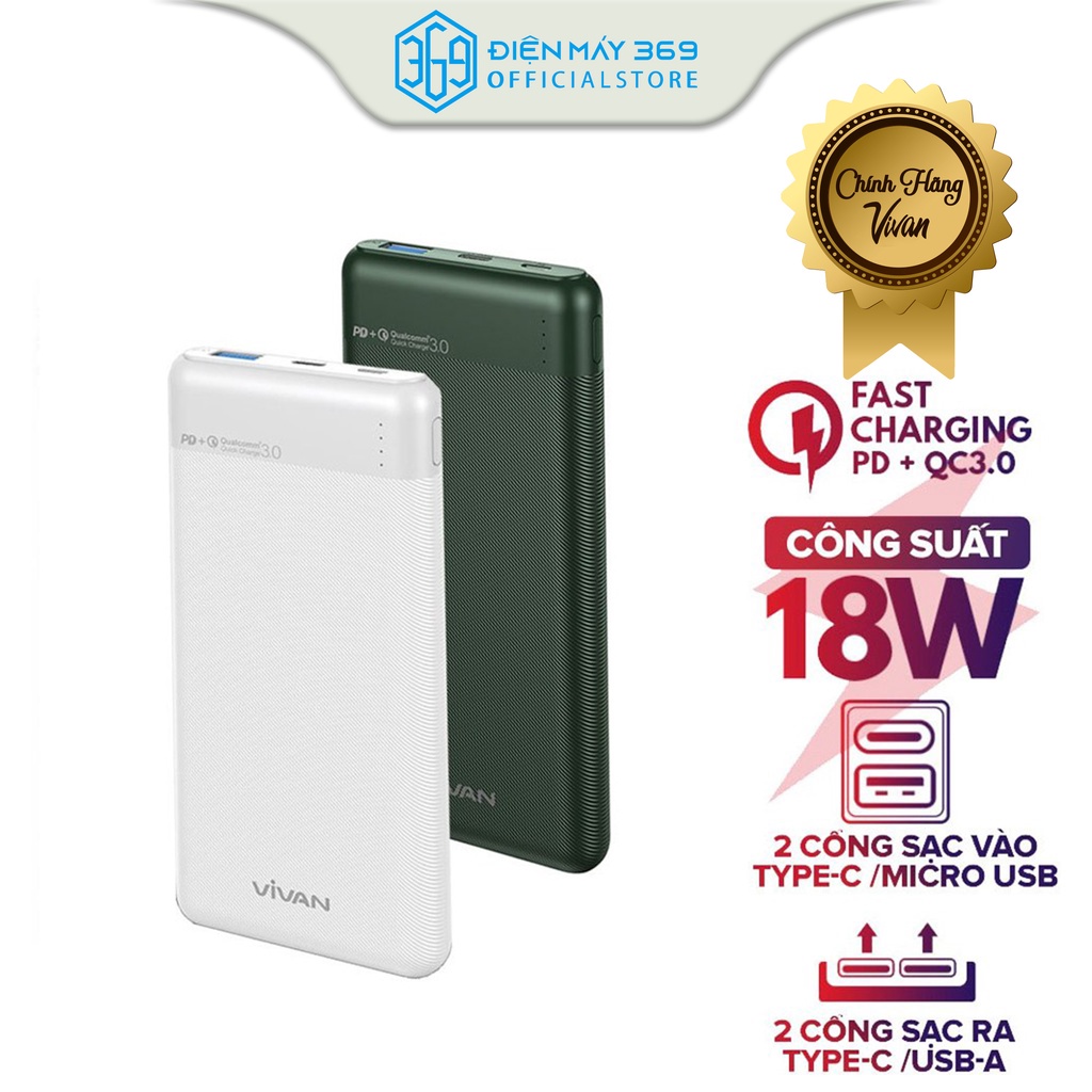Pin Sạc Dự Phòng Chính Hãng 10000mAh VIVAN VPB-M10 Sạc Nhanh Chuẩn PD/QC3.0 18W, 9 Lớp Bảo Vệ Thông Minh.