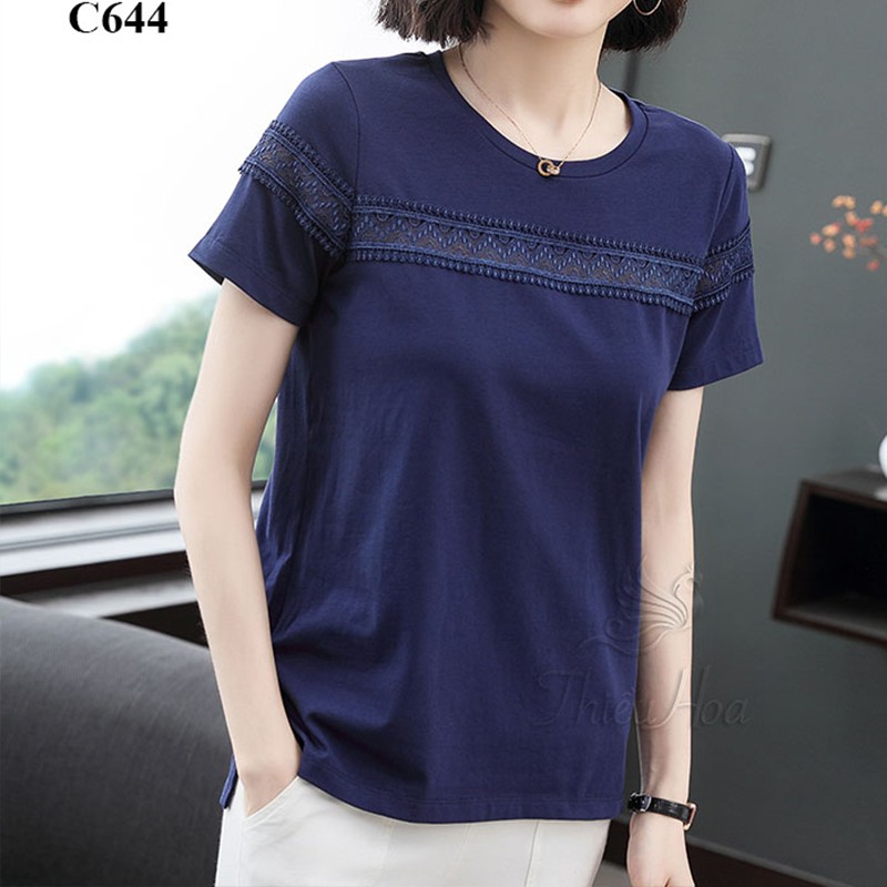 Áo Thun Nữ Trung Niên đơn giản hoạ tiết tinh tế  chất liệu mát mẻ thoáng mát THIỀU HOA C644