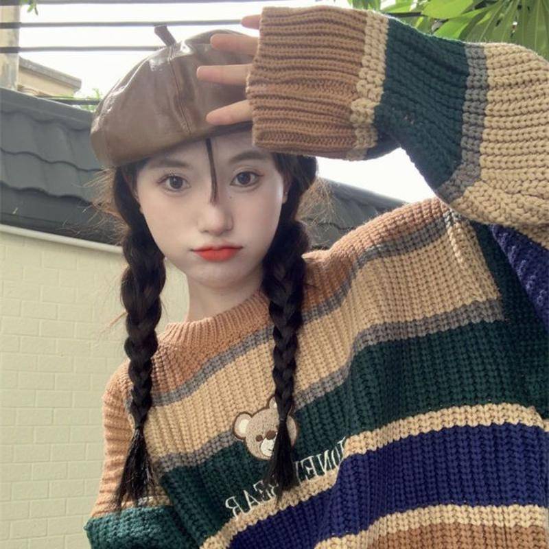 Áo Sweater Dệt Kim Cổ Tròn Họa Tiết Gấu Nâu Dễ Thương Cho Nữ