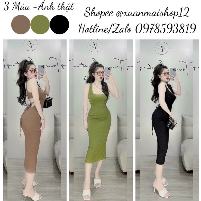 [FREESHIP] [ẢNH THẬT] Đầm ôm body nữ sát nách cổ U hở lưng cột dây form dài qua gối 3 màu hot hitAT