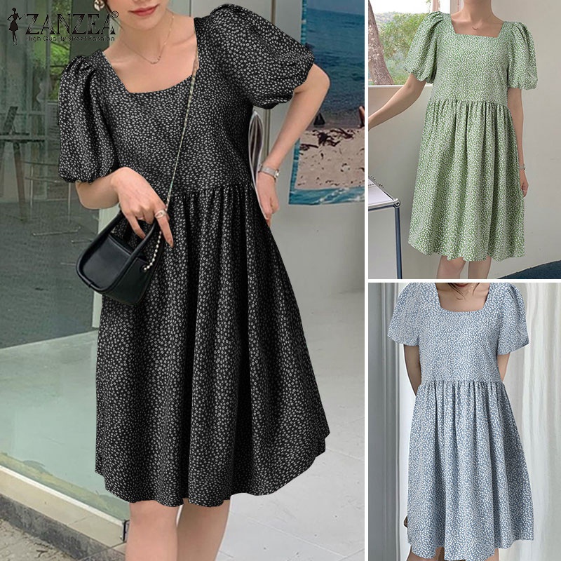 Zanzea Đầm Tay Ngắn Phồng Cổ Vuông In Họa Tiết Hoa Phong Cách Hàn Quốc Dành Cho Nữ