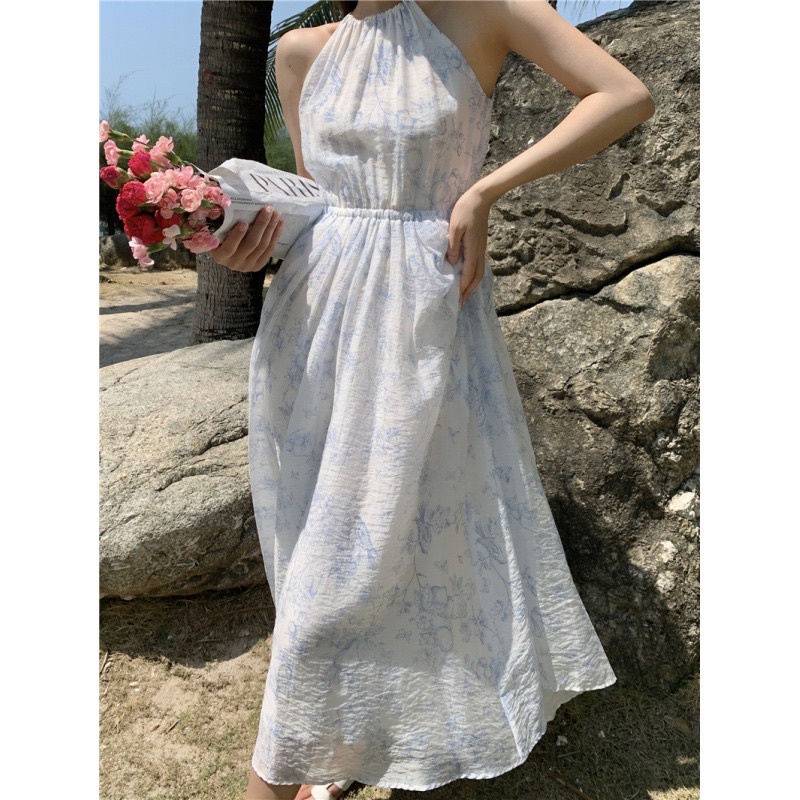 Đầm váy cổ yếm voan tơ hoa dáng xoè màu xanh phong cách Hàn Quốc