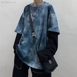 ▤2019 fall tie-dye ins fake two long-sleeved t-shirt male students Korean version of loose fashion clothing couple stra
