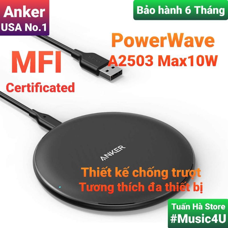 Đế sạc nhanh không dây Anker PowerWave A2503 10W cho Iphone, Airpods chuẩn MFI [Music4U]