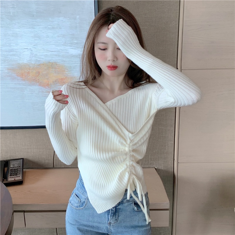 Áo len ZHELIHANGFEI dệt kim tay dài cổ chữ V phối dây rút thiết kế lệ