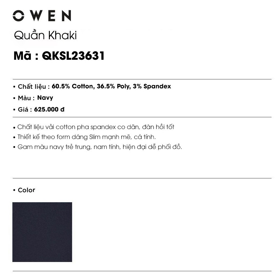 Quần Kaki Nam Owen QKSL23631 quần thô Cao Cấp Chính Hãng Dáng Ôm Ống Côn Trẻ Trung Vải Cotton Mềm Mát Màu Xanh Navy Trơn