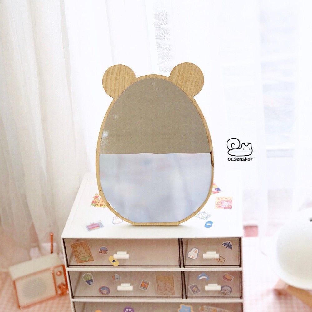 Gương trang điểm để bàn khung gỗ / khung lúa mạch hoạt hình cute tai chuột thỏ hình tròn siêu xinh