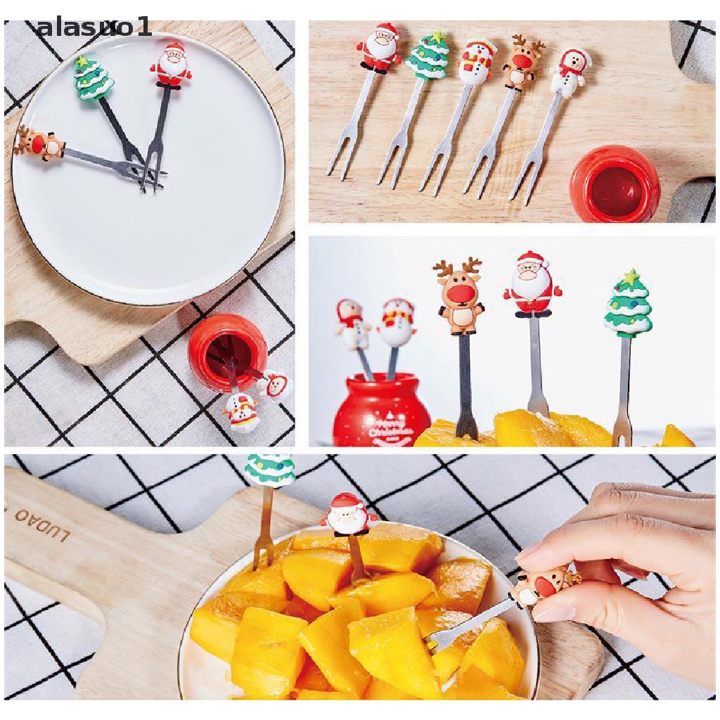 Bộ 5 Nĩa Ăn Trái Cây / Salad Hình Ông Già Noel Hoạt Hình Bằng Thép Không Gỉ