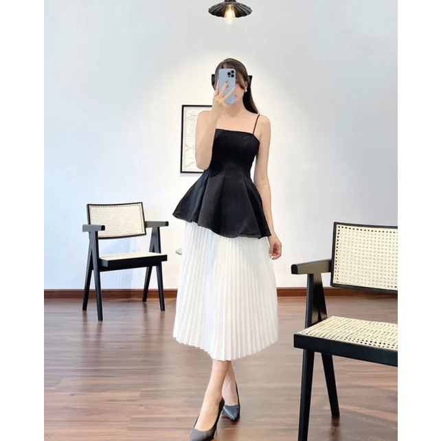 ÁO HAI DÂY THIẾT KẾ TÔN DÁNG GIẤU BỤNG MIX KÈM CHÂN VÁY XẾP LY QUA GỐI VINTAGE SUN FASHION