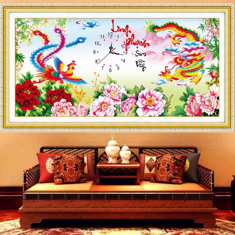 Tranh thêu đồng hồ long phụng sum vầy KT:81x40cm,tranh chưa thêu.Tặng kéo và xỏ chỉ.