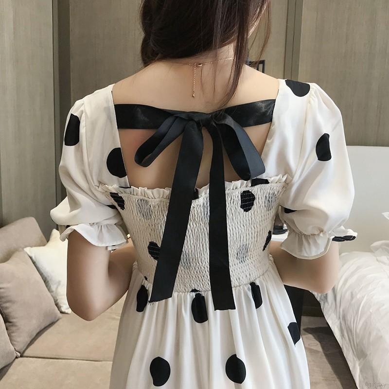 Đầm Tay Ngắn Phối Nơ Phong Cách Bohemian Hàn Quốc