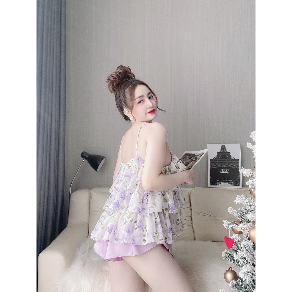 Đồ ngủ 2 dây sexy, đồ ngủ sexy chất chiffon phối satin mềm mịn mặc ngủ thoải mái Freesize - Linqu Sleepwear | BigBuy360 - bigbuy360.vn