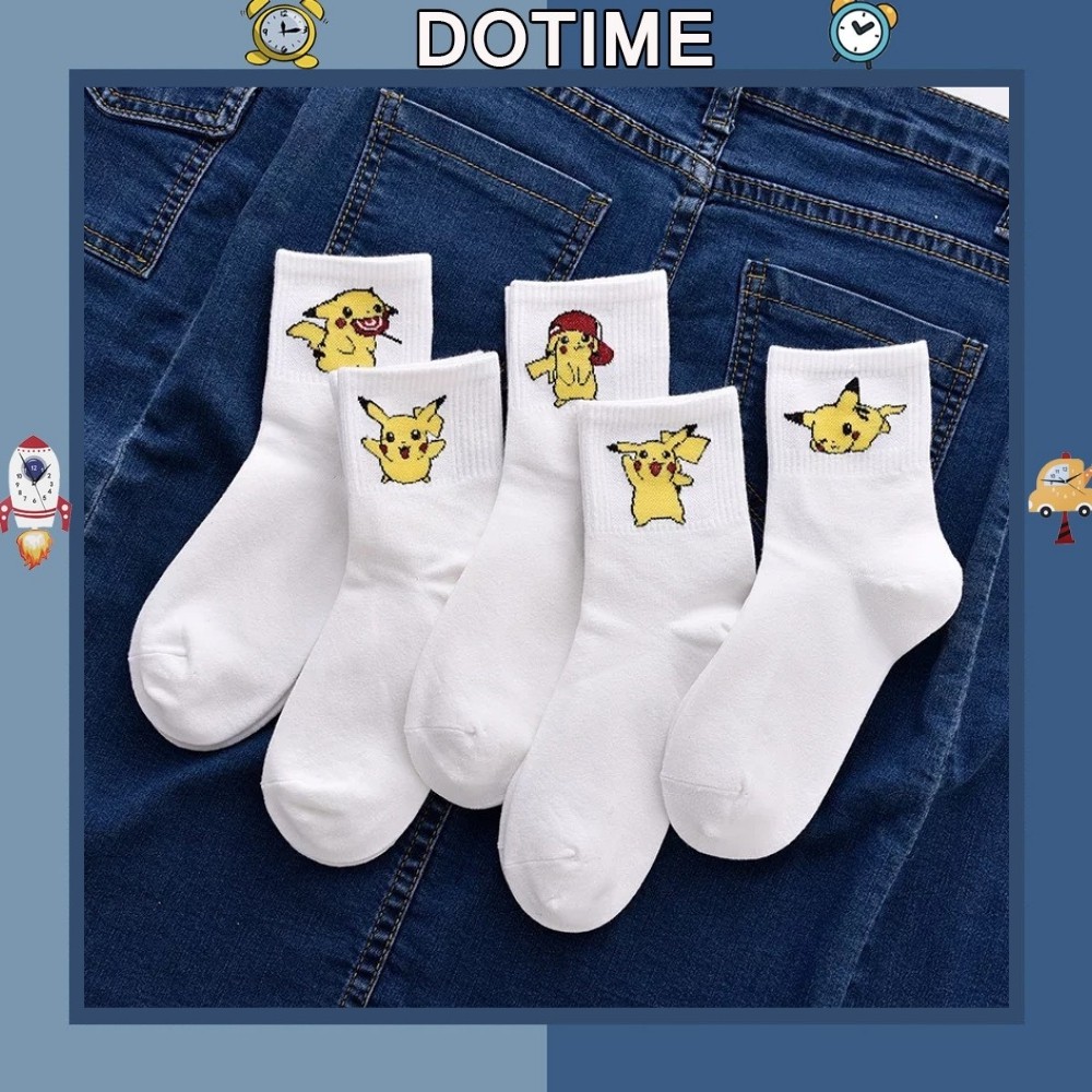 Tất trắng Dotime vớ cổ cao trắng hình Pikachu vintage cực xinh TN73