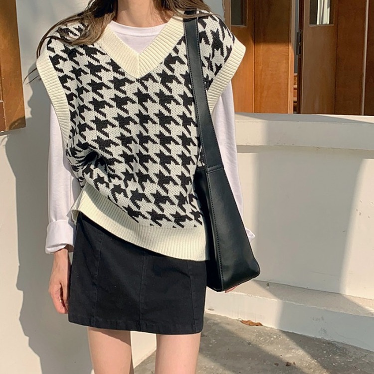 Áo Sweater không tay dáng rộng họa tiết Houndstooth cá tính dành cho nữ | BigBuy360 - bigbuy360.vn
