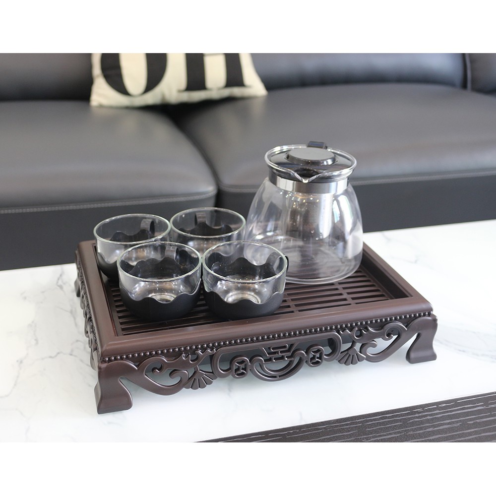 Bộ ấm chén uống trà thủy tinh ❤️ TẶNG KÈM KHAY❤️ Bình pha trà lõi lọc INOX 4 cốc khay trà nhựa giả cổ Song Long.