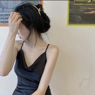 Váy lụa 2 dây cổ đổ phi lụa cao cấp tôn dáng (đen)