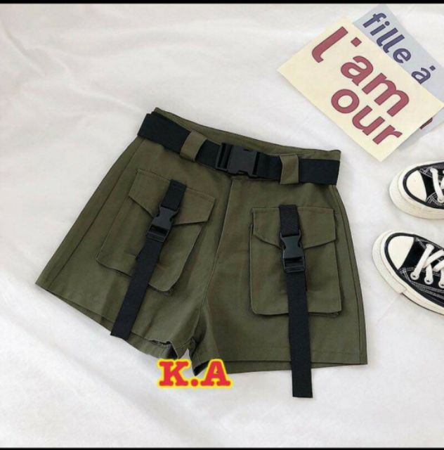 Quần short nữ kaki nữ túi hộp có dây cá tính