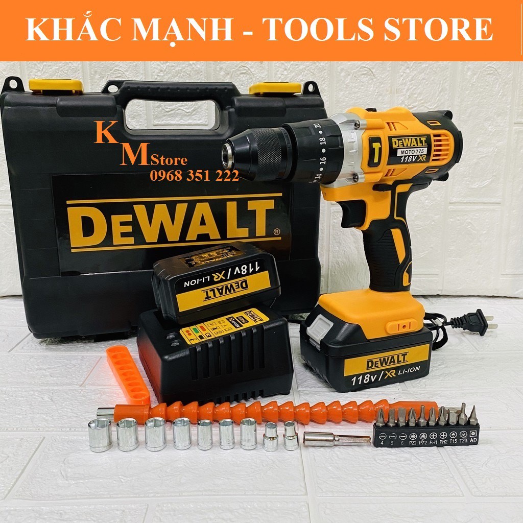 MÁY KHOAN PIN DEWALT 118V ĐỘNG CƠ 775, 3 CHỨC NĂNG KHOAN, TẶNG BỘ PHỤ KIỆN NHƯ HÌNH