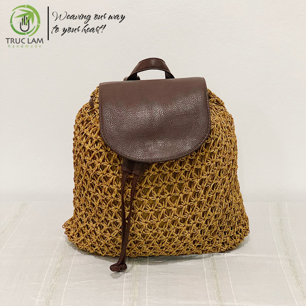 Balo Cói Thời Trang Nữ Nắp Da – Trúc Lâm Handmade