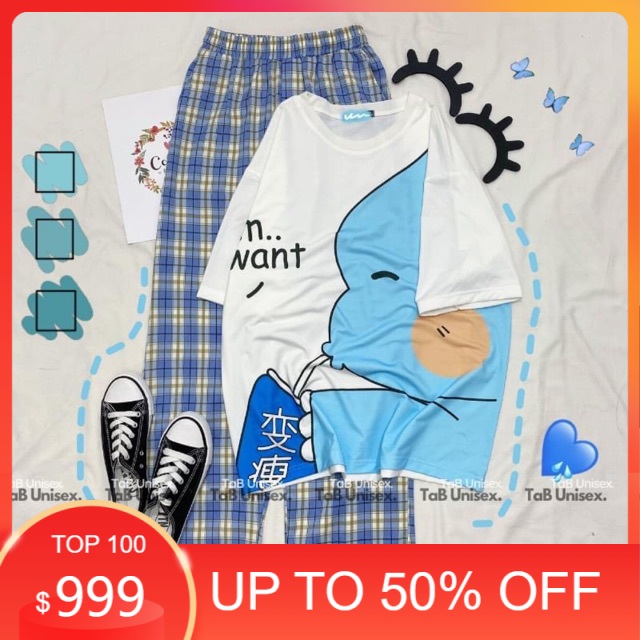 Sét áo khủng Long Iwant + quần kẻ xanh , Áo thun nam nữ, quần kaki, quần nữ, sét bộ mặc ở nhà MODY