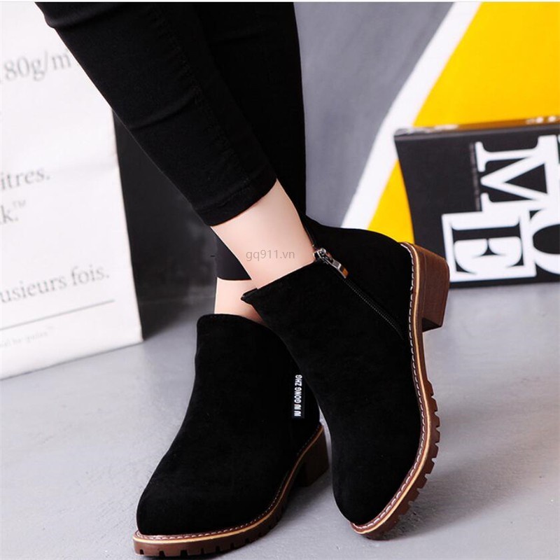 Bốt martin nhung cao tới mắt cá đế bằng phong cách Anh Quốc sành điệu có size 35-40