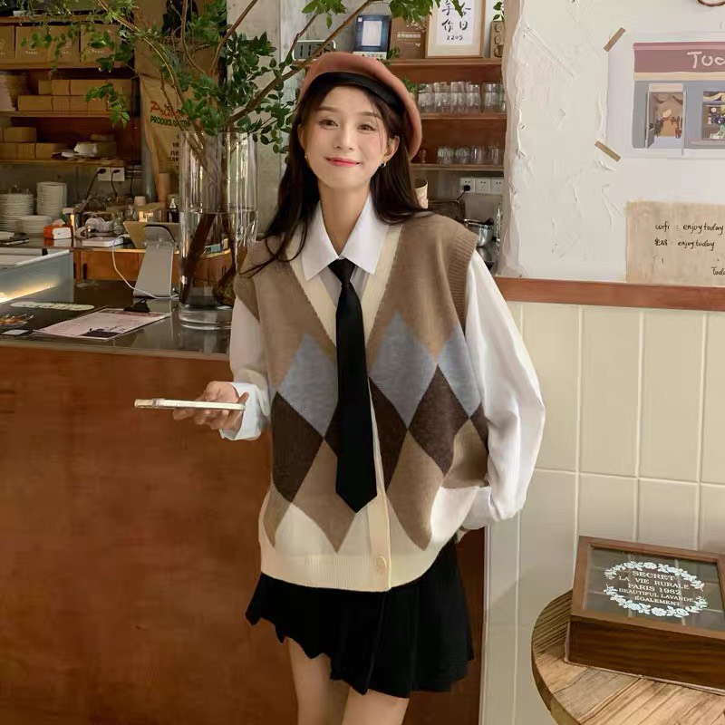 Áo len gile áo len nữ cổ V họa tiết caro phong cách Hàn Quốc chuẩn Hàng Quảng Châu dày dặn loại 1 | BigBuy360 - bigbuy360.vn