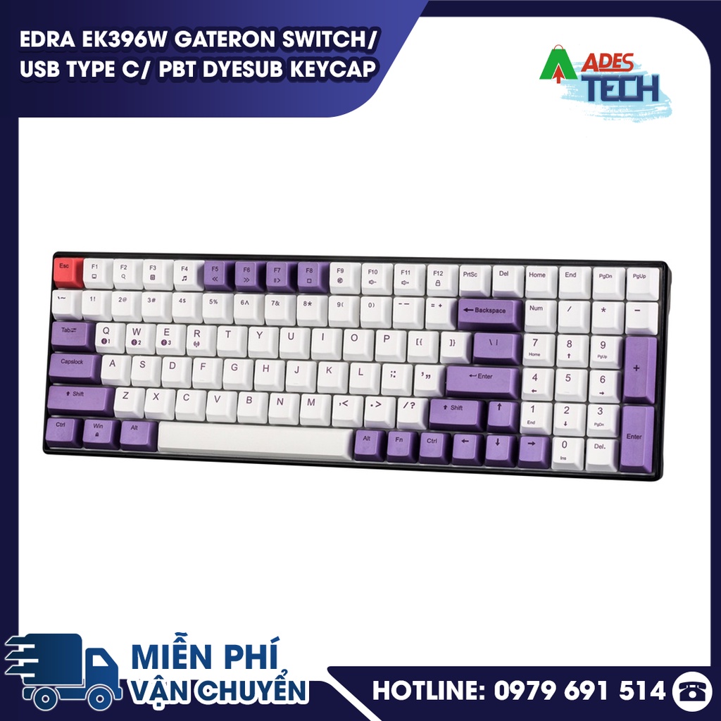 Bàn phím cơ không dây Bluetooth EDRA EK396W Gateron Switch/ USB Type C/ PBT dyesub keycap chính hãng