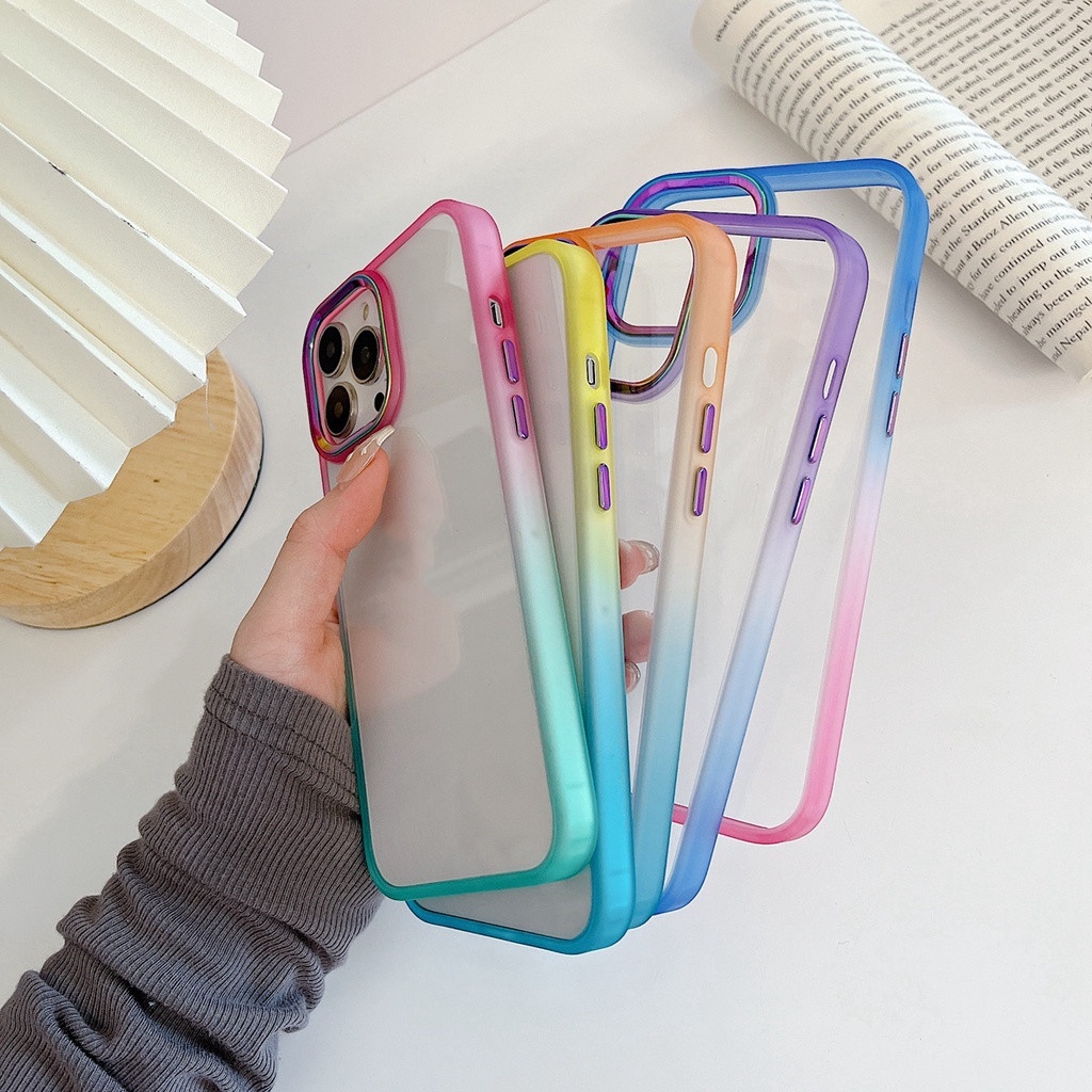 Ốp Điện Thoại Trong Suốt Màu Gradient Khung Kim Loại Cho iPhone 13 Pro Max 12 11 Pro Max