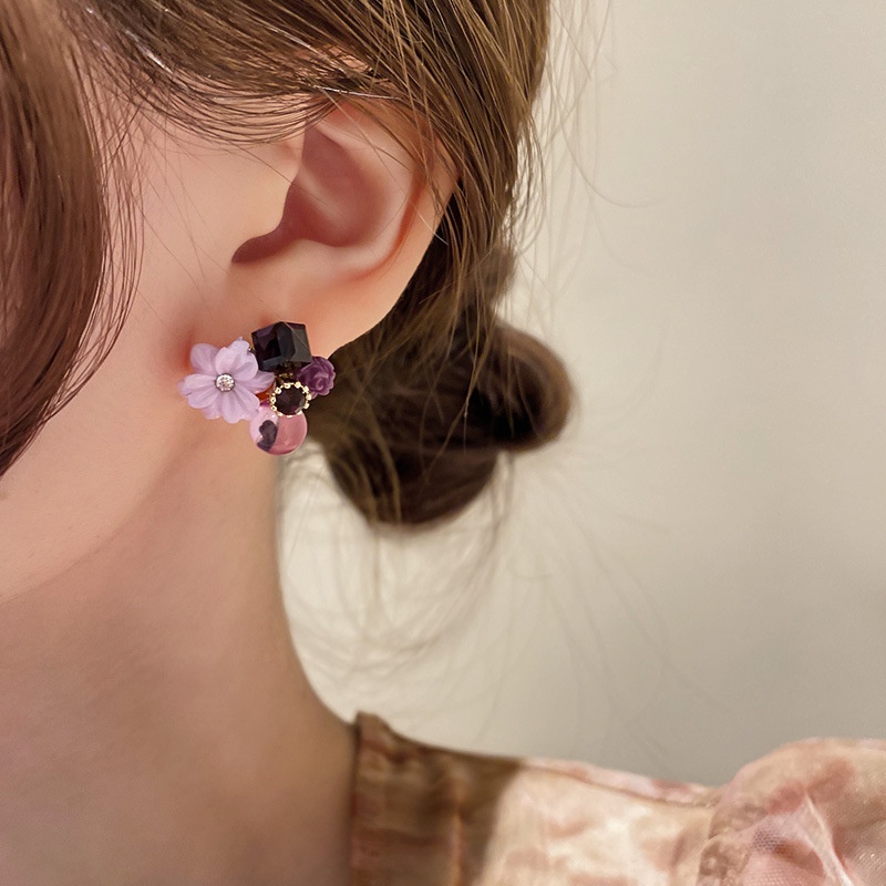 OIMG  Bông Tai Mạ Bạc 925 Hình Hoa Đính Đá Opal Màu Tím Cho Nữ