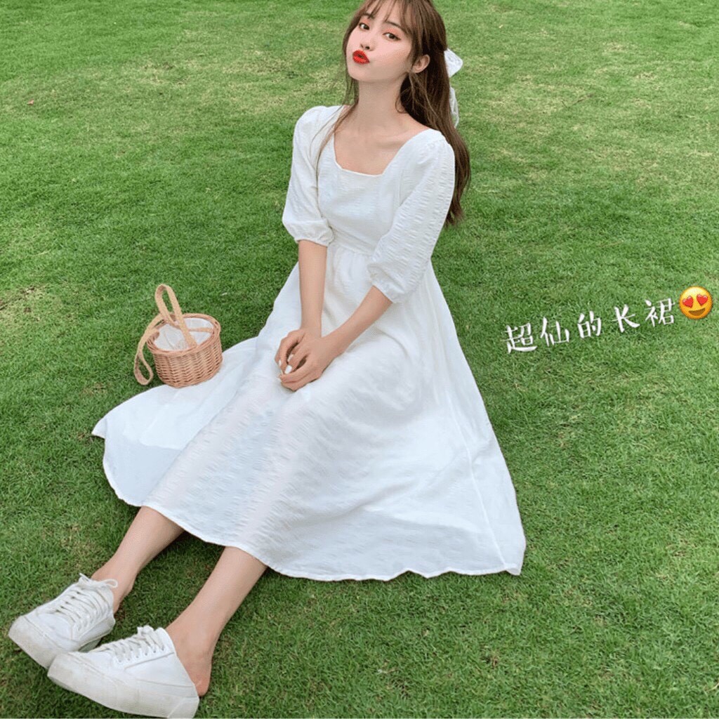 Đầm - Váy maxi trắng cổ vuông tay bồng ulzzang