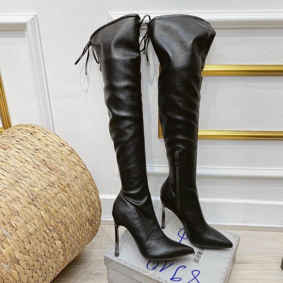Boot Đùi Da Lì Mềm Qua Gối Cao Cấp Lót Nỉ Gót Nhọn Đính Đá 9cm Hai Màu Đen Và Trắng Kem Mã P56 Shop Phương Nhi