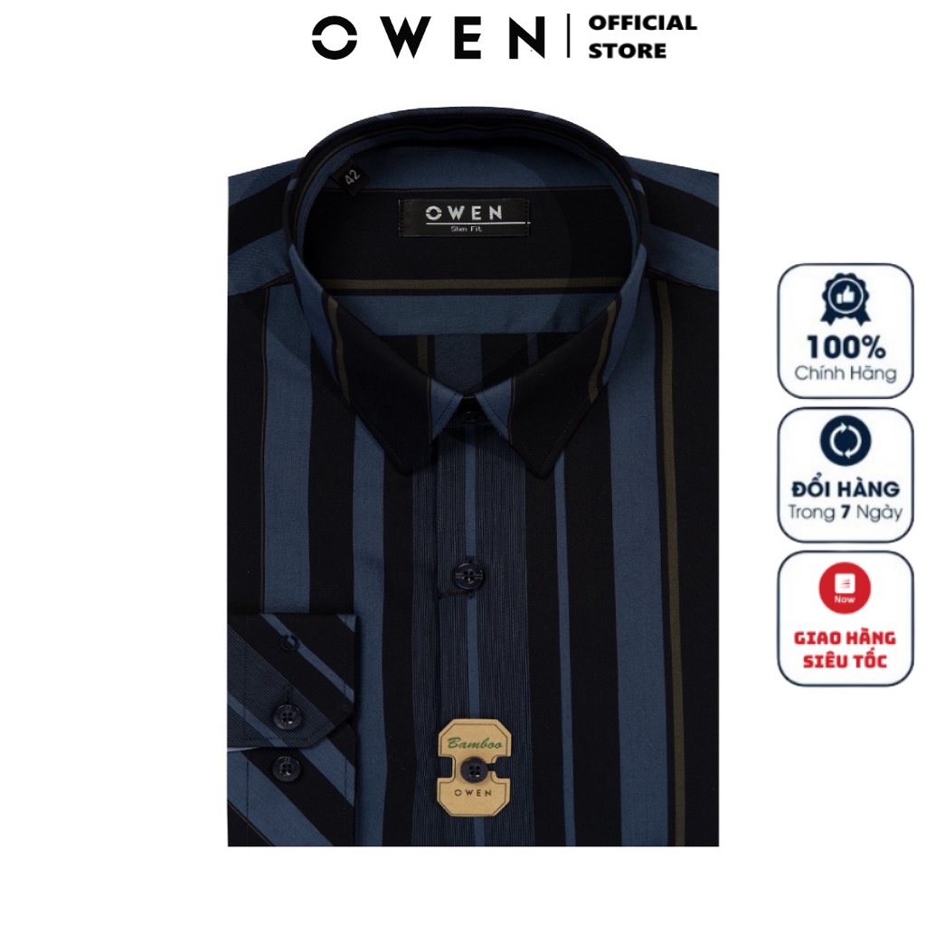 Áo Sơ Mi Nam Dài Tay OWEN AS220154D Somi Công Sở Vải Sợi Tre Cao Cấp Kẻ Sọc Xanh Be Nền Navy Dáng Ôm Tà Lượn Không Túi