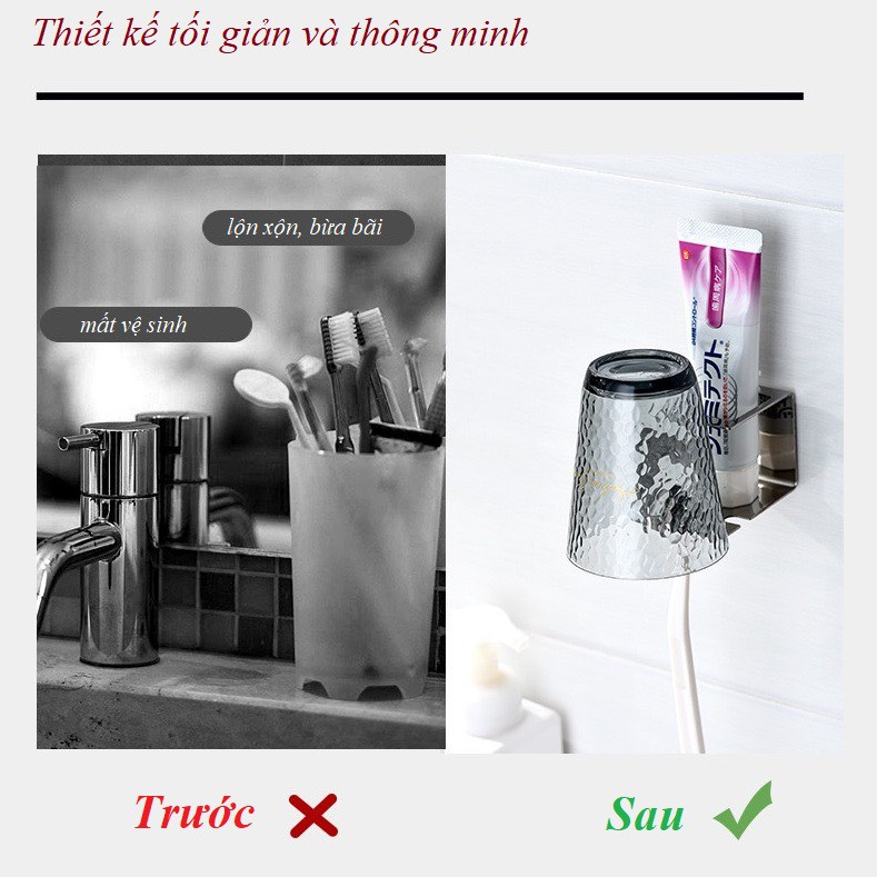 Kệ Để Bàn Chải Đánh Răng, treo máy cạo râu Dán Tường 3 Rãnh kèm Treo Ly Xúc Miệng Inox 304 Latimax