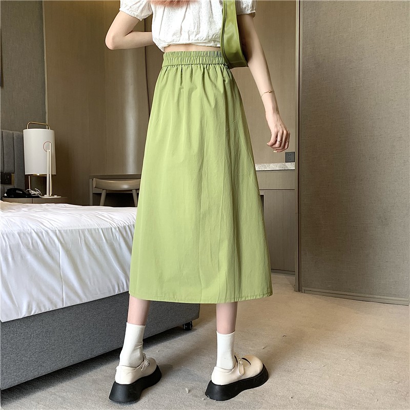 Xiaozhainv Korean high waist all-match pure color midi A-form skirt fashion women