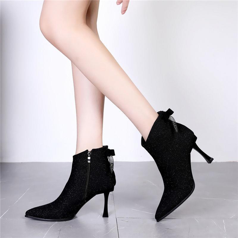 Giày Bốt Cao Gót Mũi Nhọn Đính Nơ Sequin Lấp Lánh Thời Trang Thu Đông Mới Cho Nữ