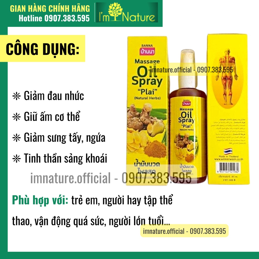 Dầu Xịt Gừng Nóng Xoa Bóp Giảm Đau - Đầu Xịt Phun Sương 300ml - BANNA OIL SPRAY NATURAL HERBS Thái Lan