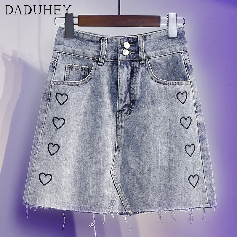 Chân váy jean Lưng Cao Dáng Chữ A Thêu Họa Tiết Trái Tim Xinh Xắn Thời Trang Mùa Hè Cho Nữ
