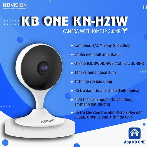 Camera IP wifi KBVISION trong nhà nhỏ gọn - KBONE H21W siêu nét góc nhìn siêu rộng - nghe nói 2 chiều - Hàng chính hãng