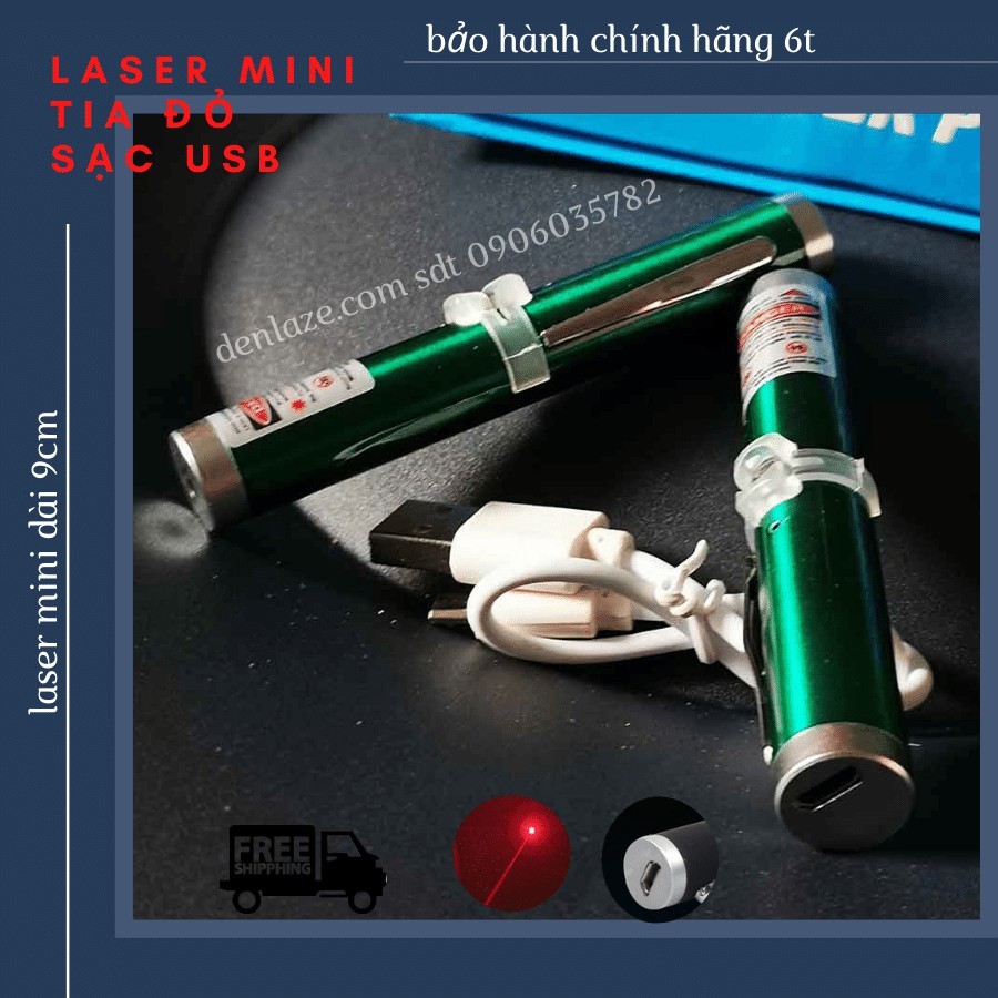 Bút Laser Mini Tia Đỏ 9cm Vỏ Xanh Lá Sạc USB Cao Cấp