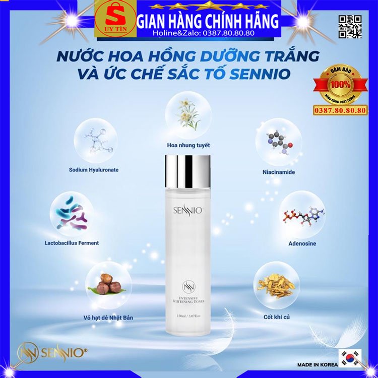 Nước hoa hồng không cồn se khít lỗ chân lông dưỡng trắng da Sennio hàn quốc kiềm dầu cấp ẩm cho da dầụ mụn nhờn khô nám