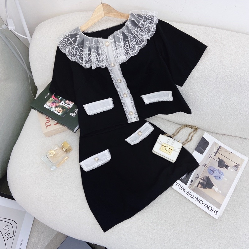 SET ÁO ĐEN CỔ VOAN REN HOA TRẮNG + CHÂN VÁY