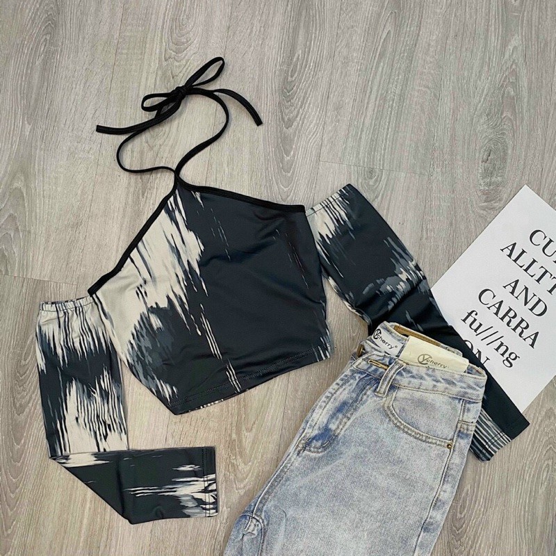 Áo ulzzang croptop cổ yếm loang màu thun co giãn tay dài