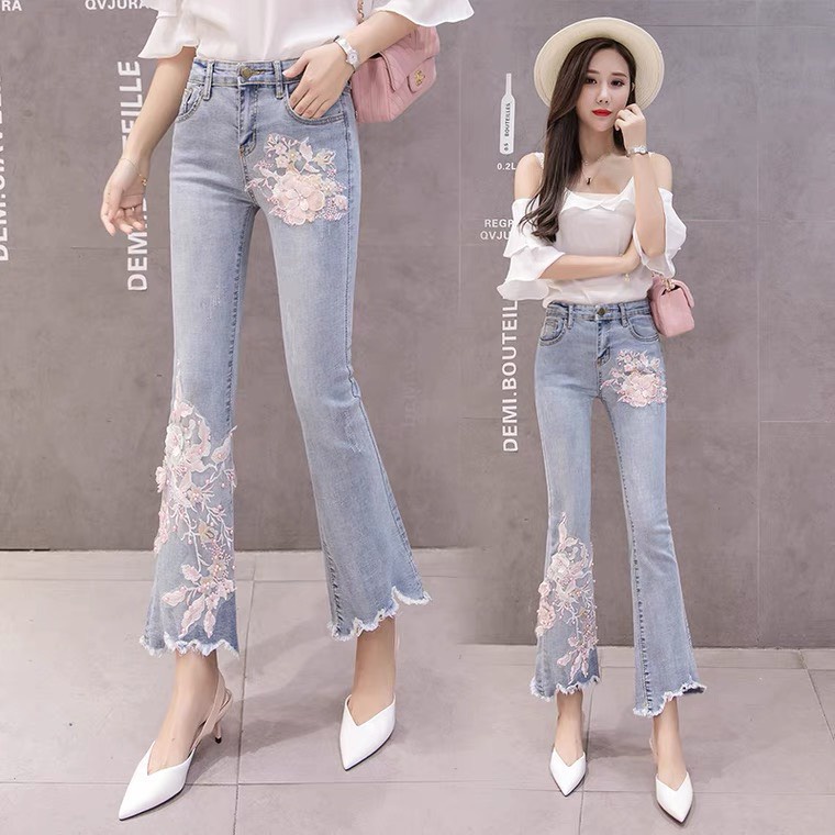 CÓ CLIP Quần jeans ống loe lưng cao đính hoa CAO CẤP- Shop Trang Quãng Châu