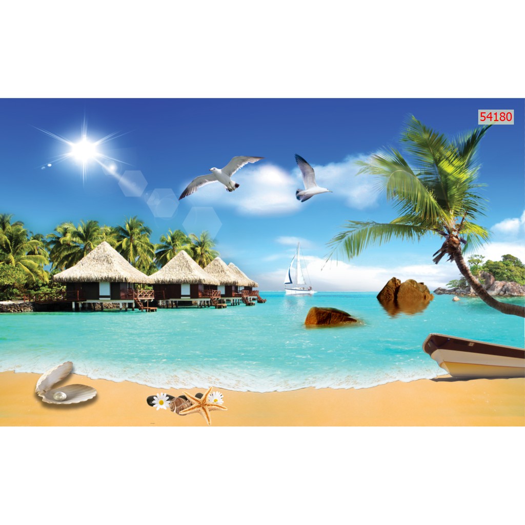 Tranh dán tường 3D, tranh phong cảnh bãi biển, KT: 80x125 cm