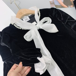 Áo nhung cổ nơ đính hạt