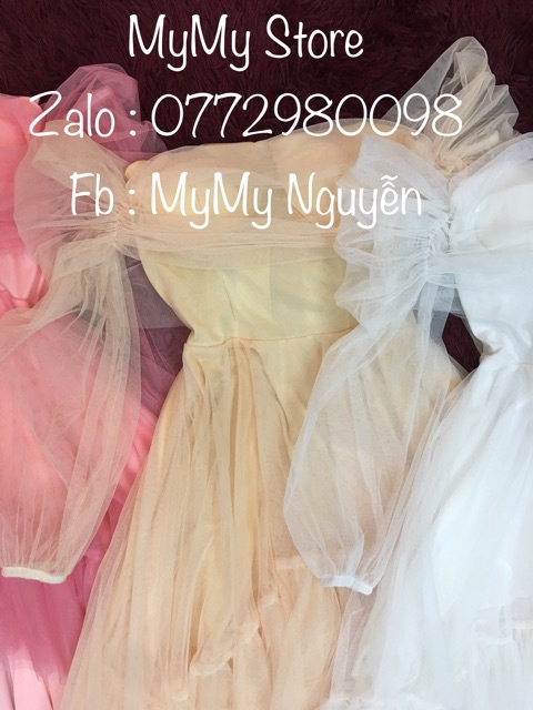 Đầm dự tiệc TRIPBLE T DRESS đuôi tôm xéo xếp tầng trễ vai lưới phói nơ đen eo - size M/L - MS8Y